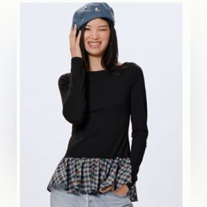 Maeve Black Long-Sleeve Peplum Top with Plaid Hem. Medium 
Color Blue plaid